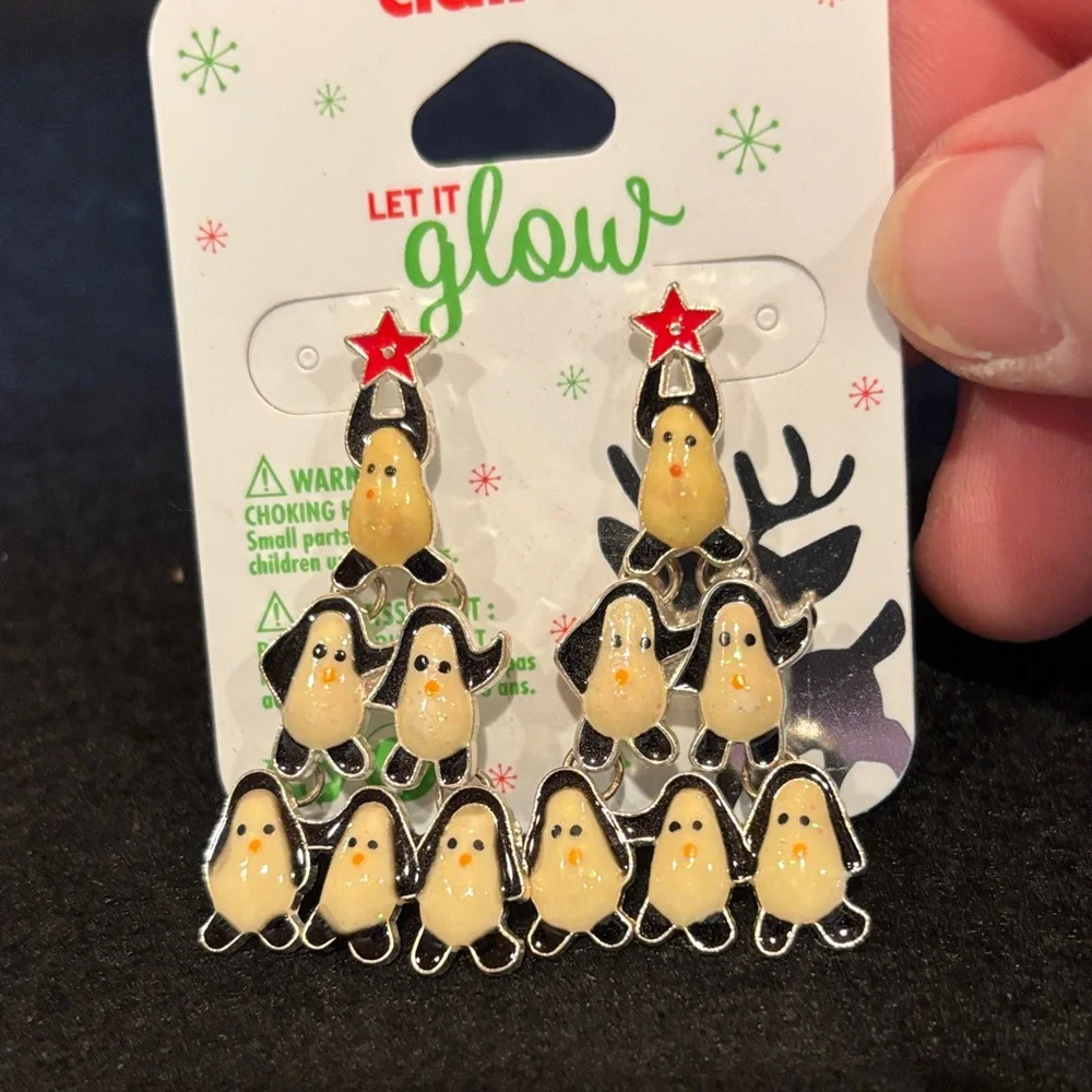 Claire's Holiday Penguin Earring Set - Black, White, Red - Picture 2 of 6